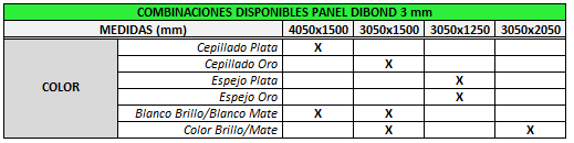 DIBOND 3 mm COMBINACIONES DISPONIBLES